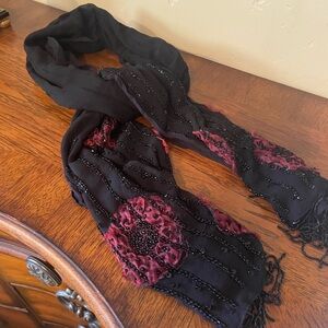 Chico's Black Scarf with Burgundy Rose Accents